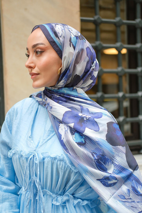 Soyut Çicek Desen Soft Şal Lacivert