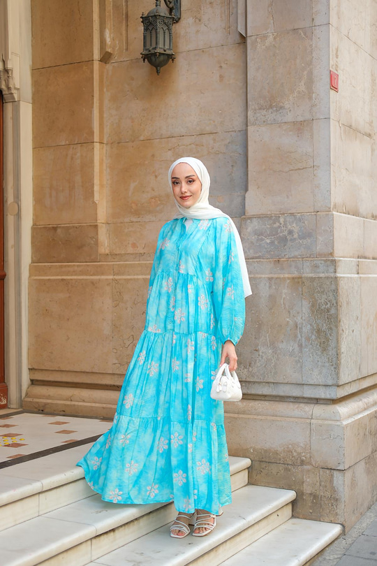 Soyut Çicek Desenli Elbise Açık Mavi