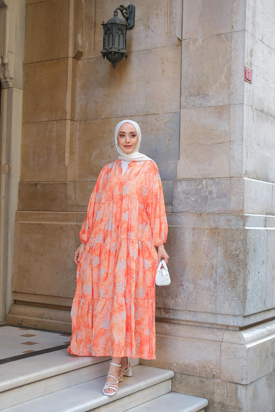 Soyut Çicek Desenli Elbise Turuncu