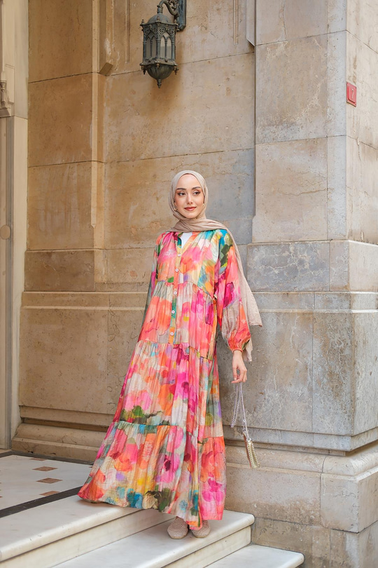 Soyut Desen Elbise Fuşya