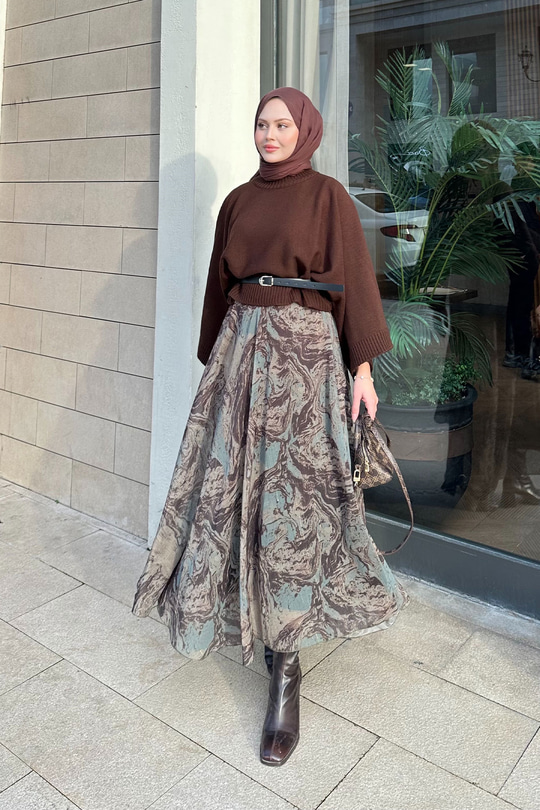 Soyut Desenli Sim Detay Kemerli Etek Haki Yeşil