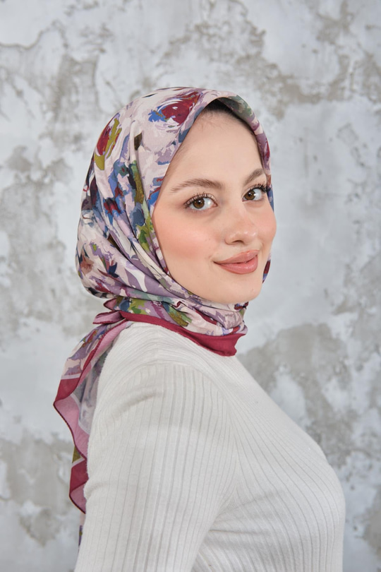 Soyut Pastel Desen Eşarp Bordo