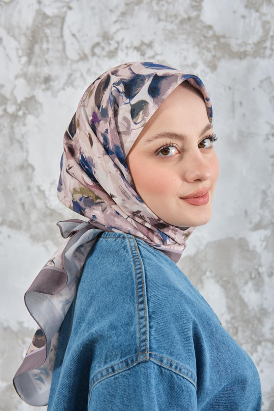 Soyut Pastel Desen Eşarp Vizon