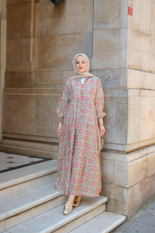 Stilize Çiçek Desenli Elbise Yeşil