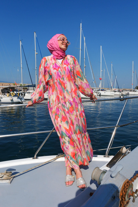 Sulu Boya Desen Elbise  Turuncu