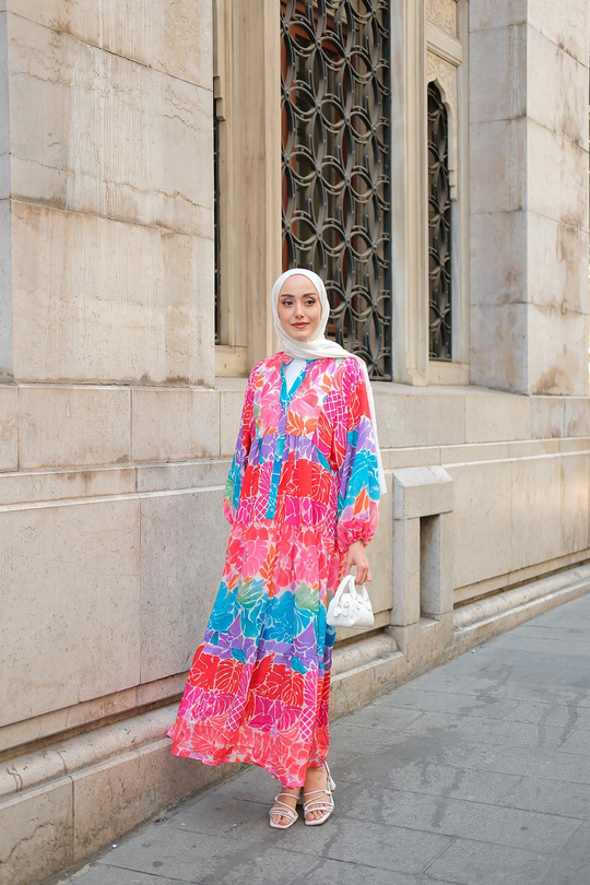 Sulu Boya Etkili Çicek Desenli Elbise Fuşya