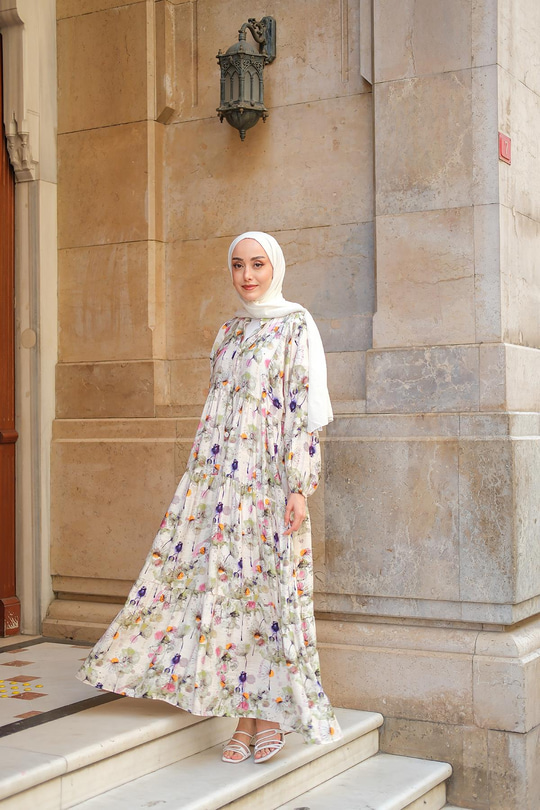 Sulu Boya Papatya Desen Elbise Yeşil