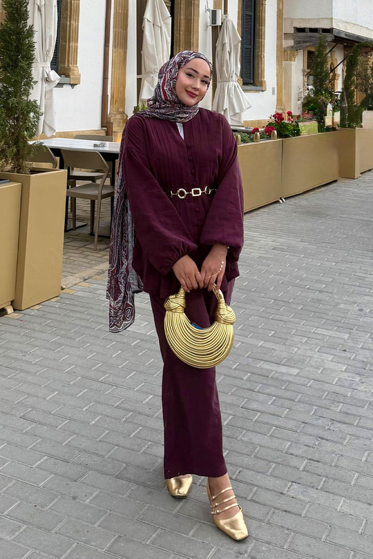 Süs Dikişli Büzgülü Takım Bordo