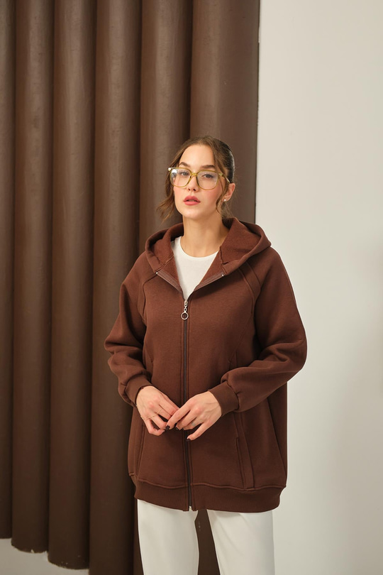 Süveter Detay Kapüşonlu Hırka Kahverengi