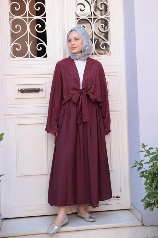 Taş Detay Bağlamalı Takım Bordo