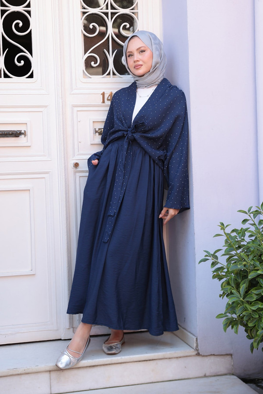 Taş Detay Bağlamalı Takım Lacivert