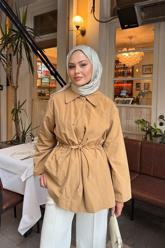 Taş Detay Bel Bağlamalı Trenç Vizon