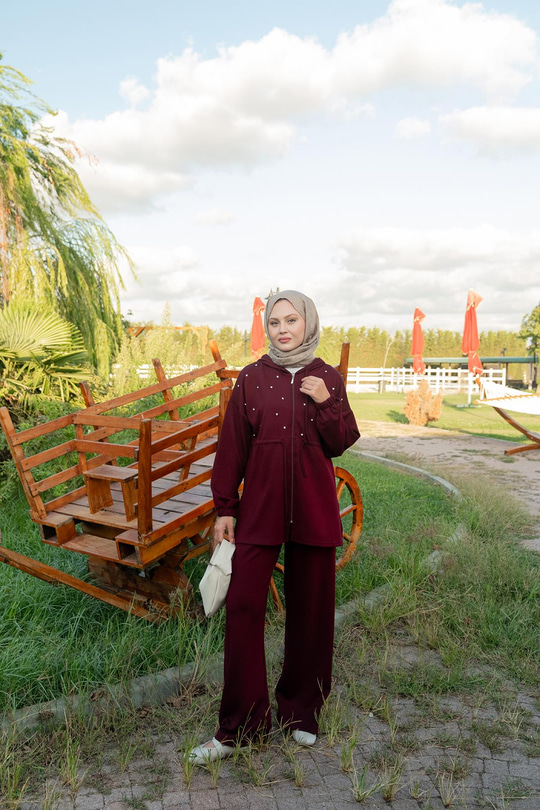 Taş Detay Ceketli Takım Bordo