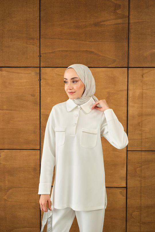 Taş Detay Cepli Takım Beyaz