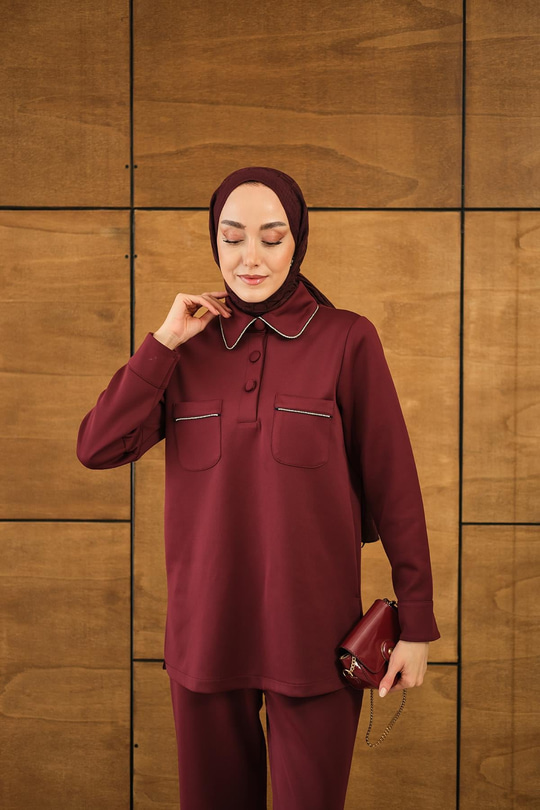 Taş Detay Cepli Takım Bordo