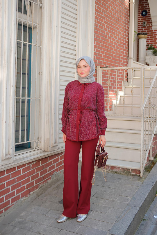 Taş Detay Düğmeli Gömlek Yaka Takım Bordo