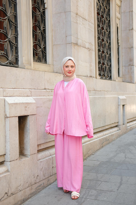 Taş Detay Etekli Takım Pembe