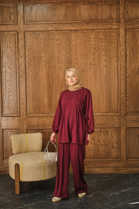 Taş Detay İkili Takım Bordo