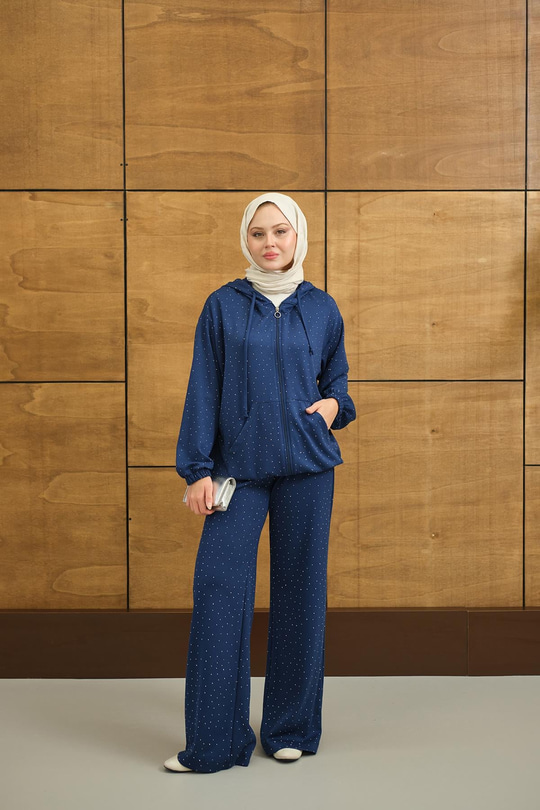 Taş Detay Kapüşonlu İkili Takım Lacivert