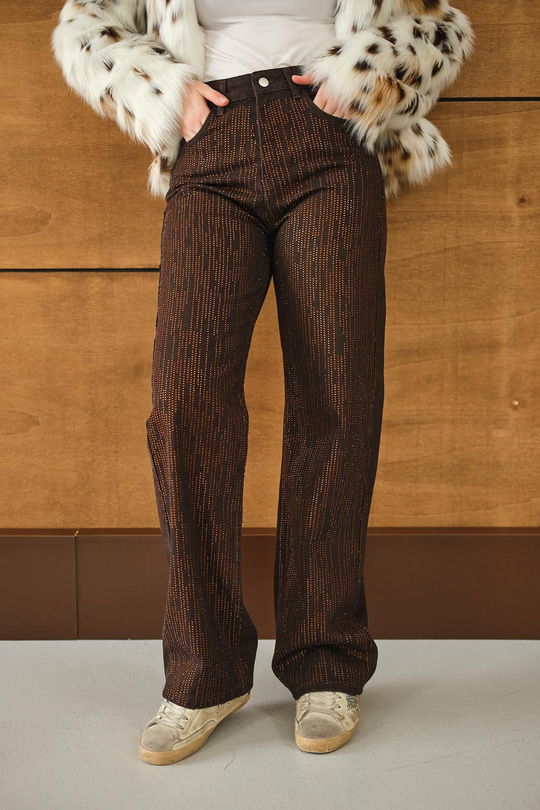 Taş Detay Kemerli Pantolon Kahverengi