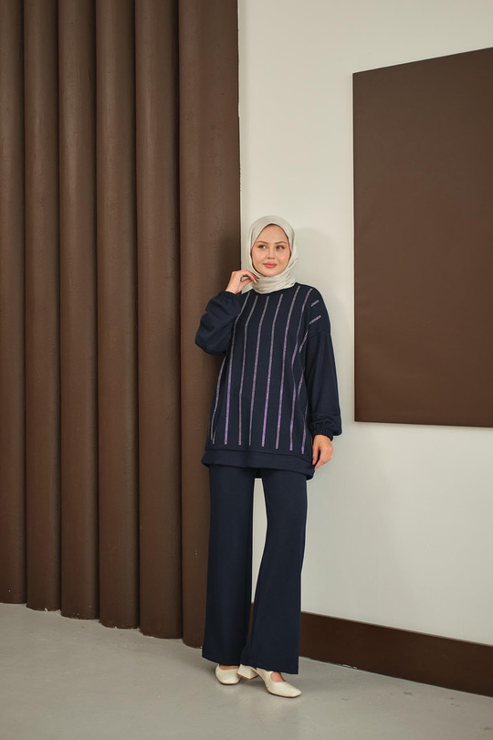 Taş Detay Takım Lacivert