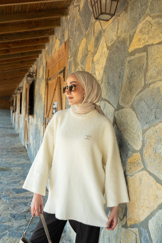 Taş Detay Triko Tunik Bej