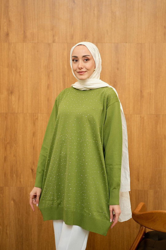 Taş Detay Triko Tunik Yeşil