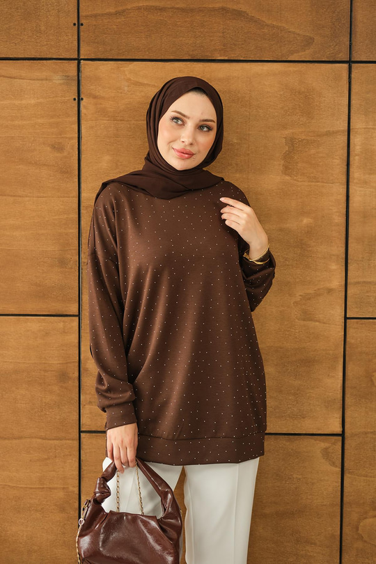 Taş Detay Tunik Kahverengi
