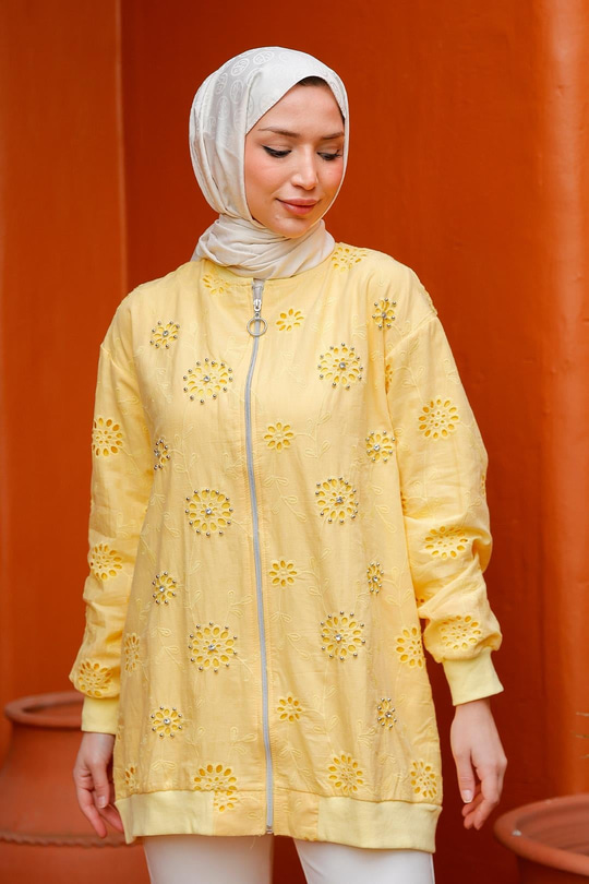 Taş İşlemeli Brode Hırka Sarı