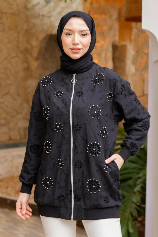 Taş İşlemeli Brode Hırka Siyah