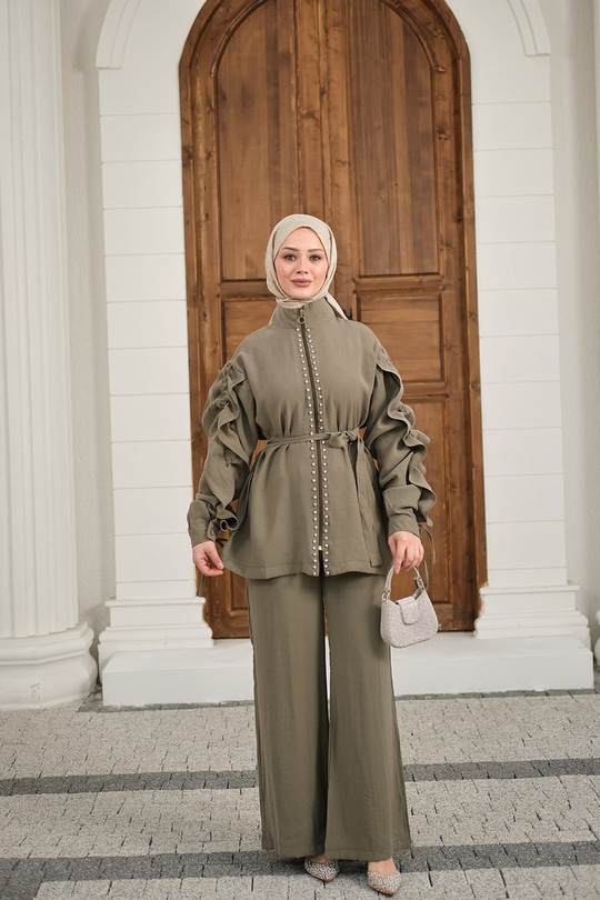 Taş İşlemeli Fermuarlı Bel Bağlamalı Takım Haki Yeşil