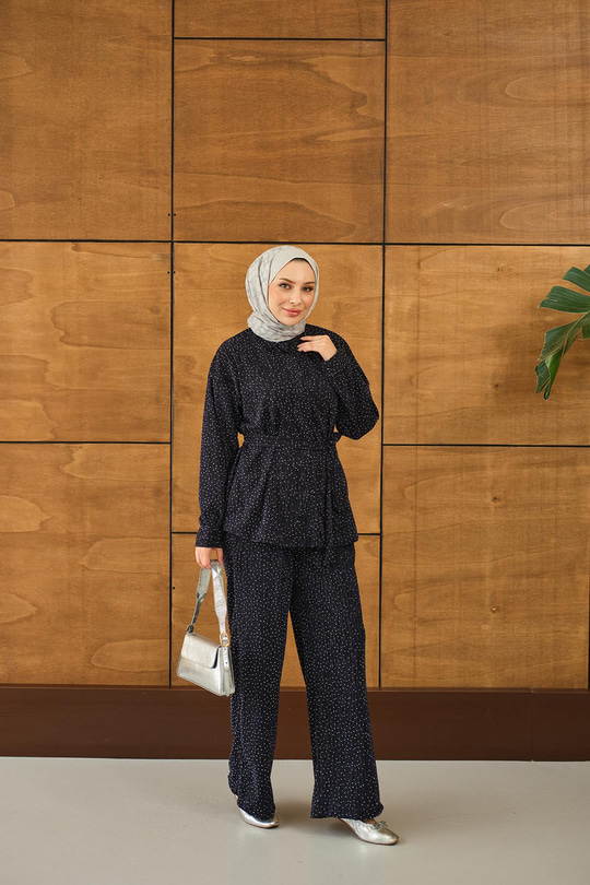 Taşlı Bel Bağlamalı Takım Lacivert