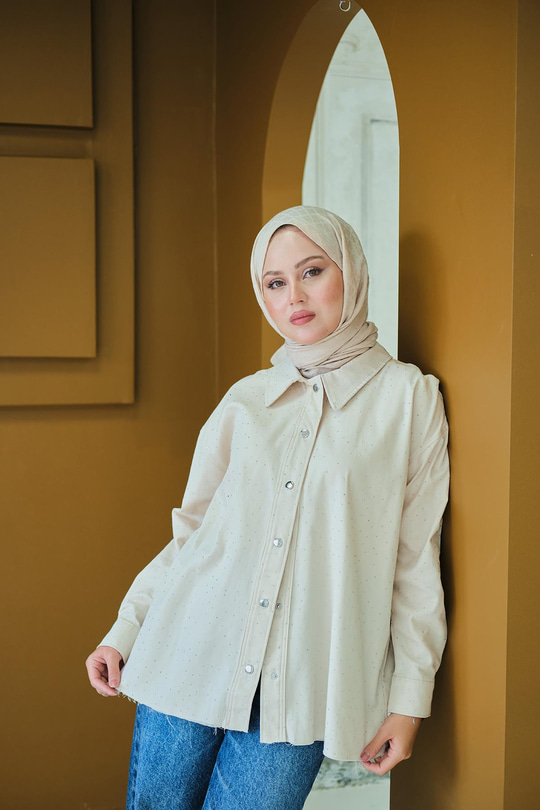Taşlı Gabardin Gömlek Krem