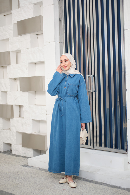 Tek Cep Detay Gömlek Yaka Kot Elbise Buz Mavi