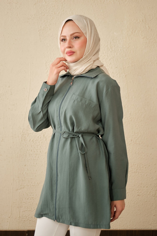 Tek Cepli Bel Bağlamalı Fermuarlı Hırka Mint Yeşil