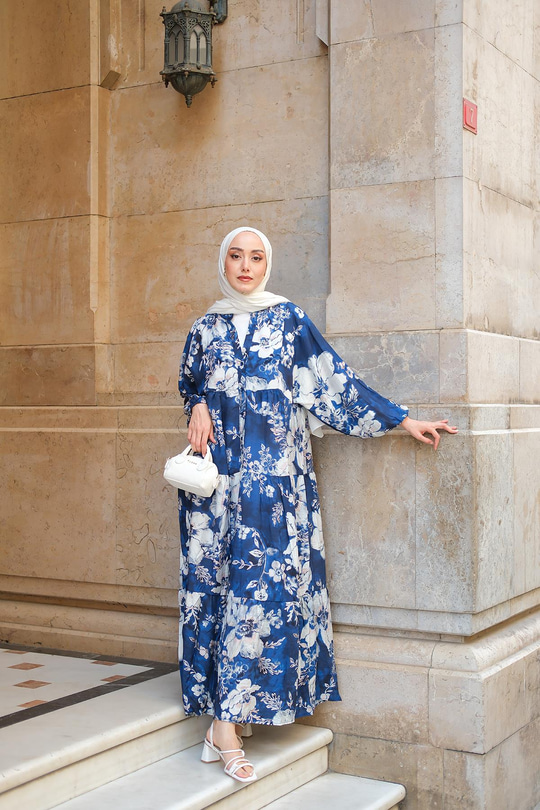 Tropical Çicek Desen Elbise Lacivert