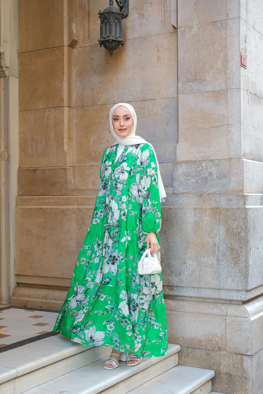 Tropical Çicek Desen Elbise Yeşil