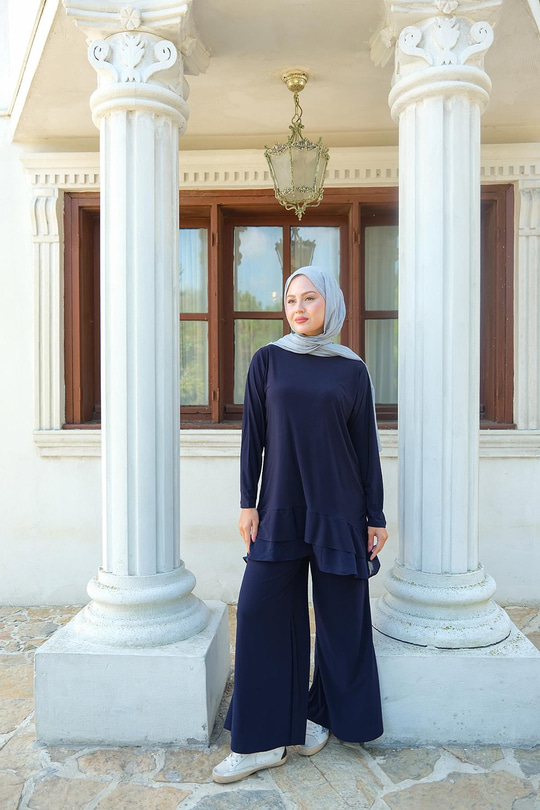 Tül Detay İkili Takım Koyu Lacivert
