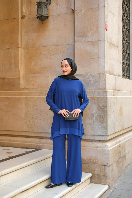 Tül Detay İkili Takım Saks Mavi