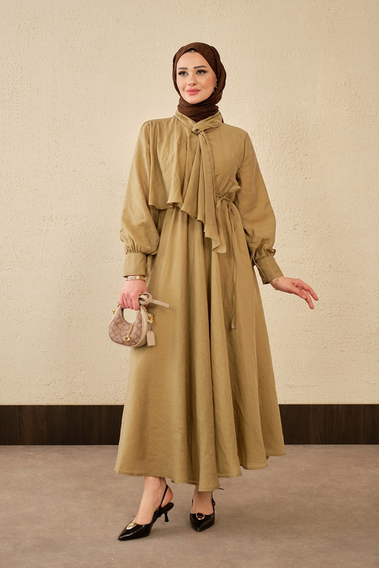 Tül Detay Şal Yaka Bel Bağlamalı Elbise Yağ Yeşil