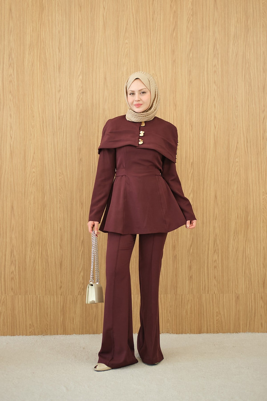 Üstü Çıkarılabilir Bolero Gold Düğme Detay Takım Bordo