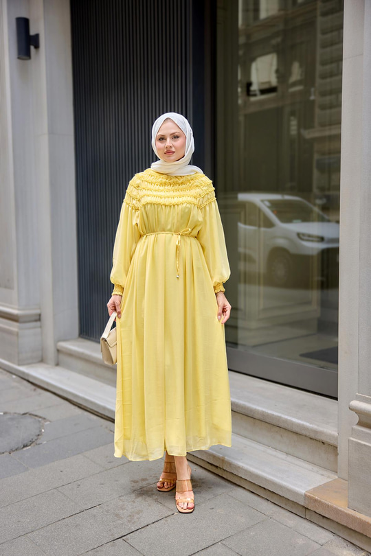 Üstü Lastikli Şifon Elbise Sarı