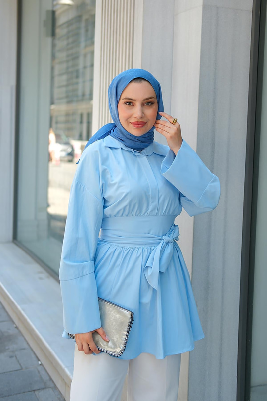 Uzun Kuşaklı Gömlek Bebe Mavi