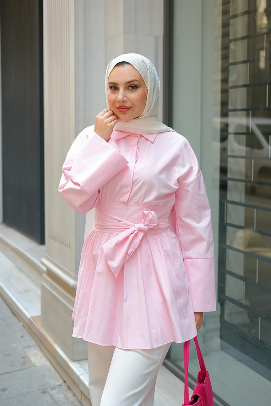 Uzun Kuşaklı Gömlek Pembe