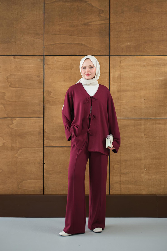 V Yaka Bağcıklı Regular Viskon Kimono Takım Mürdüm