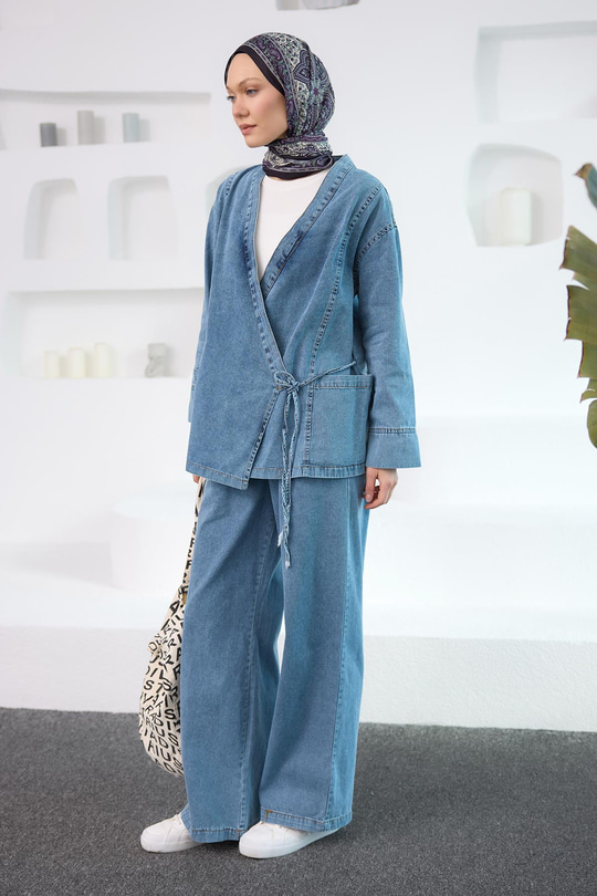 V Yaka Kimono Takım Buz Mavi