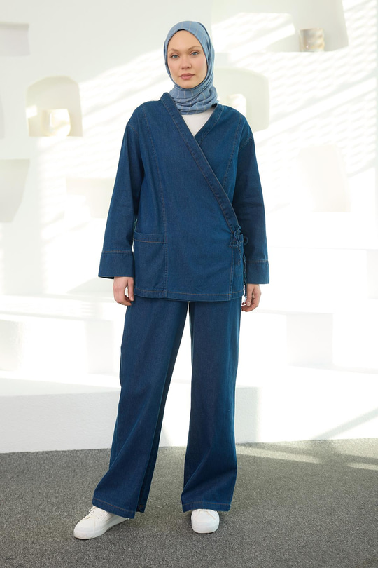 V Yaka Kimono Takım Koyu Mavi