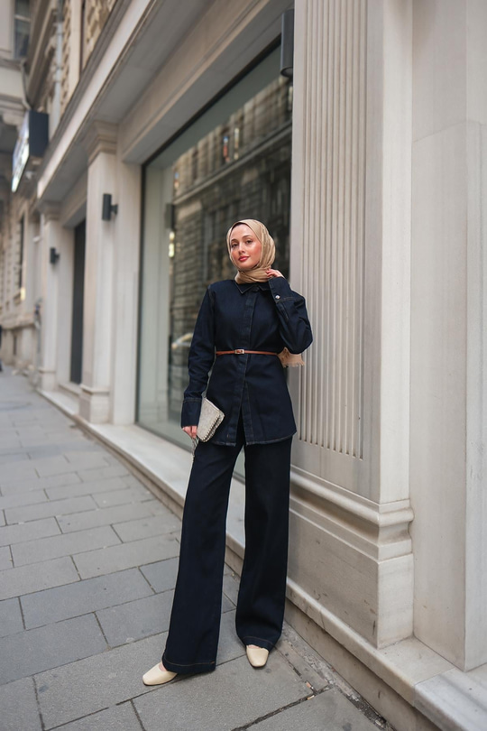 Vatkalı Jean Ceket Takım Koyu Mavi