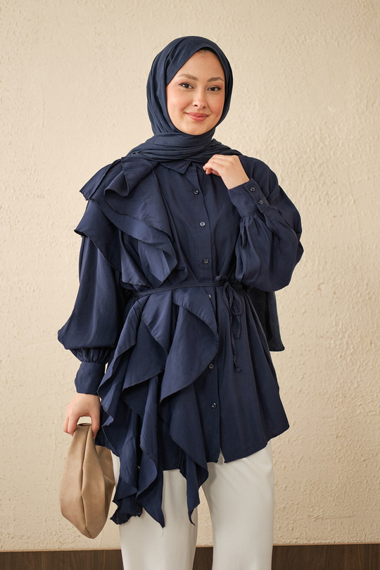 Volanlı Bağcıklı Gömlek Lacivert