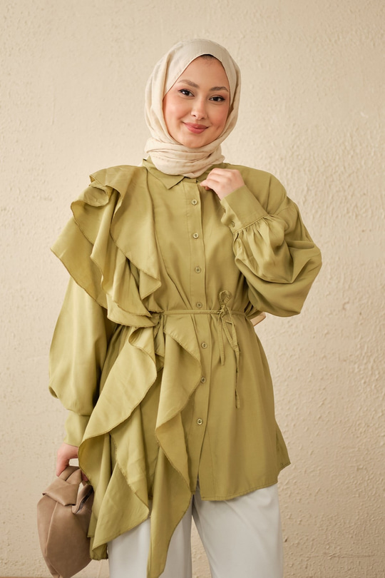 Volanlı Bağcıklı Gömlek Yağ Yeşil
